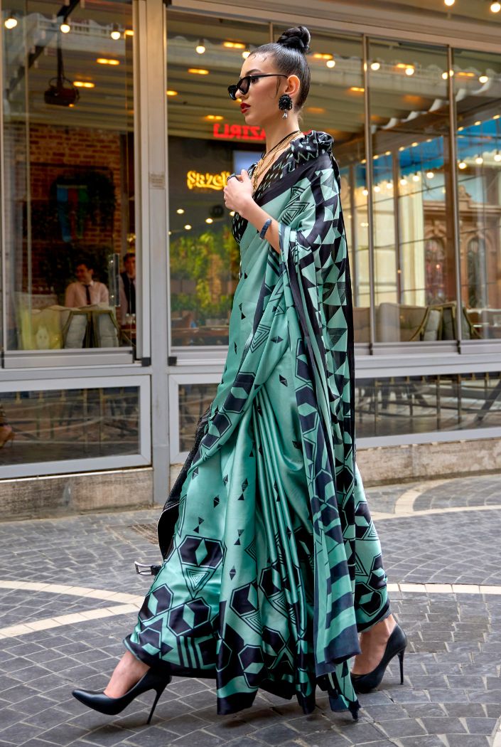 Neptune Green Printed Satin Silk Saree