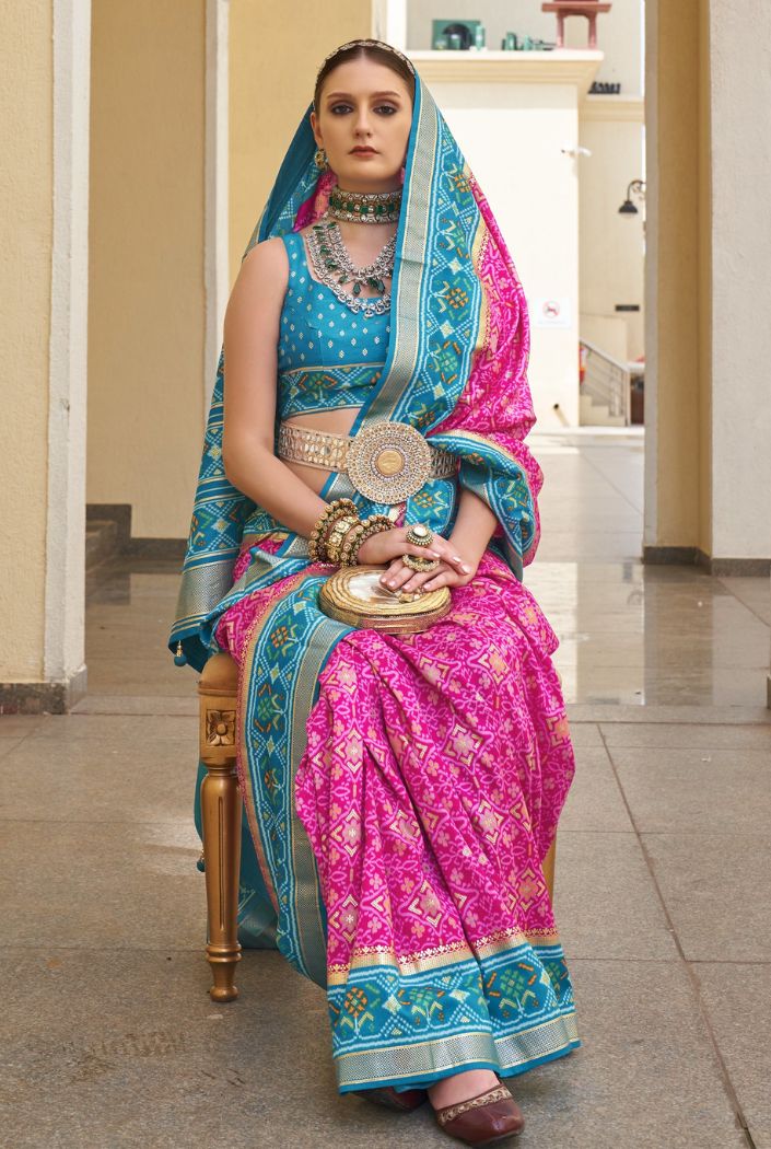 Mulberry Pink and Blue Printed Patola Silk Saree