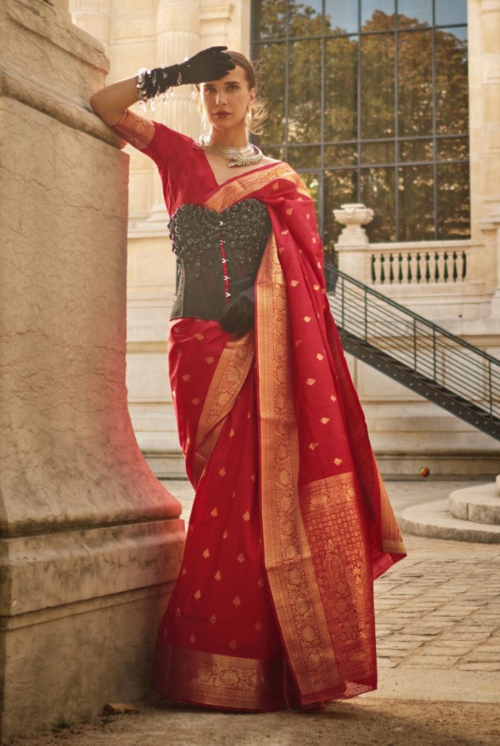 Tall Poppy Red Banarasi Handloom Khadi Silk Saree