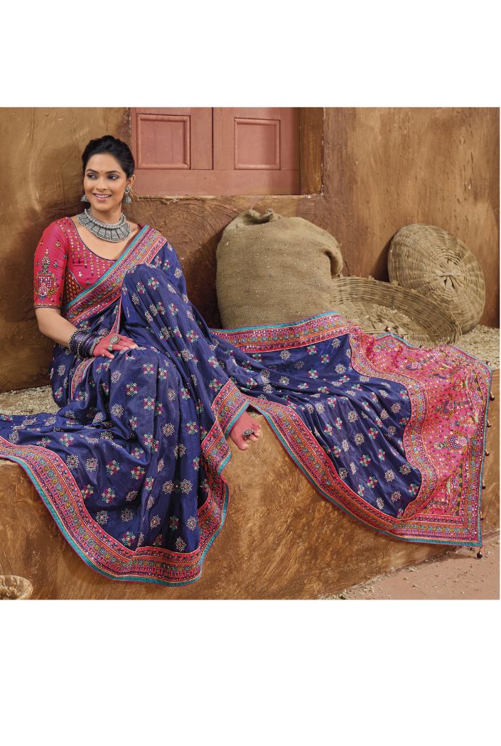 Martinique Blue Banarasi Embroidered Designer Kacchi Work Saree