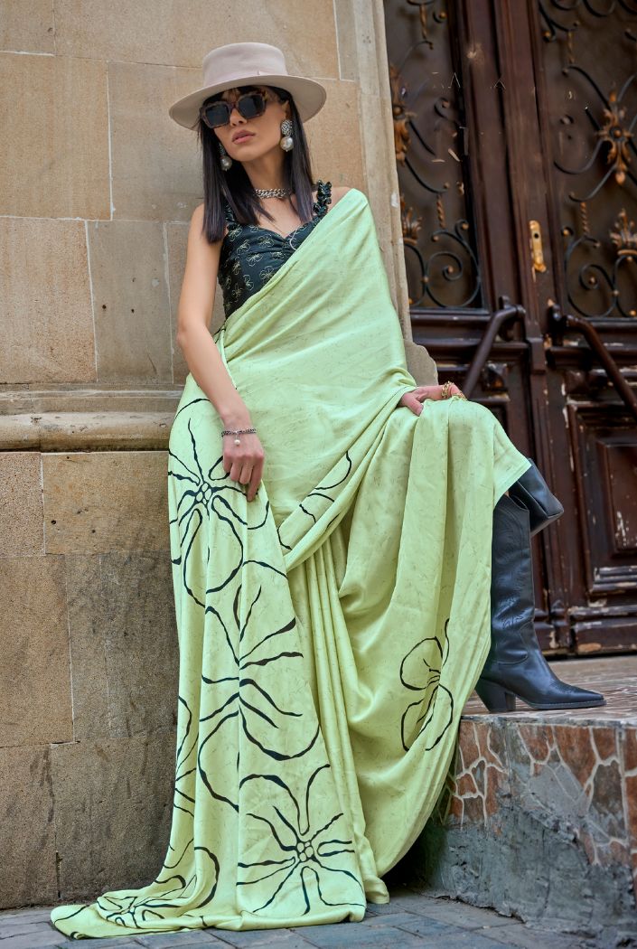 Pixie Green Printed Satin Silk Saree