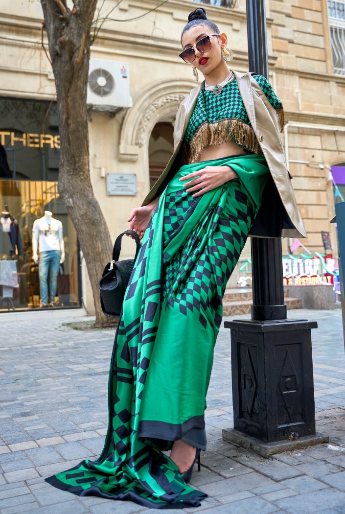 Tropical Rain Forest Green Printed Satin Silk Saree