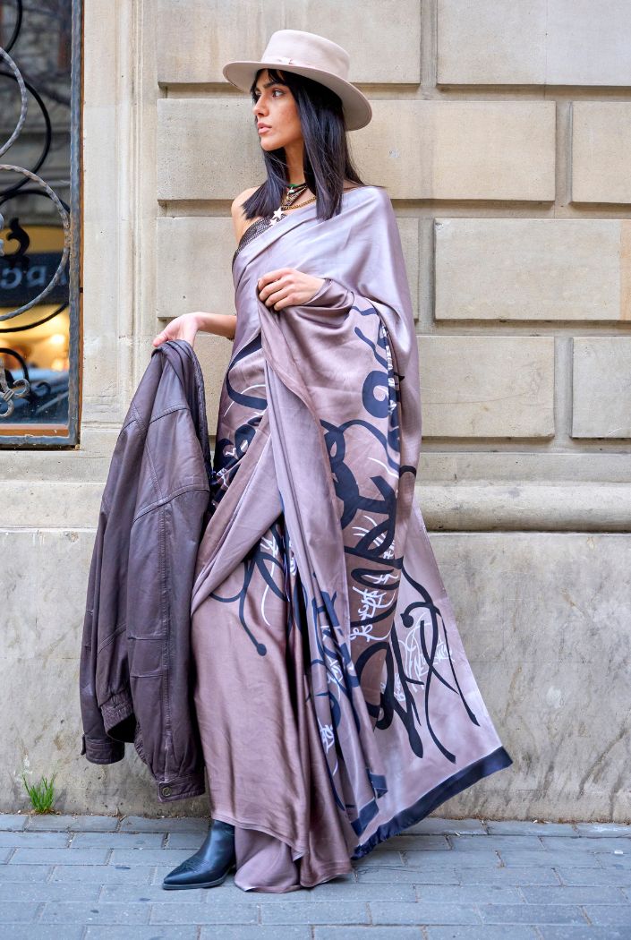 London Hue Brown and Grey Printed Satin Silk Saree