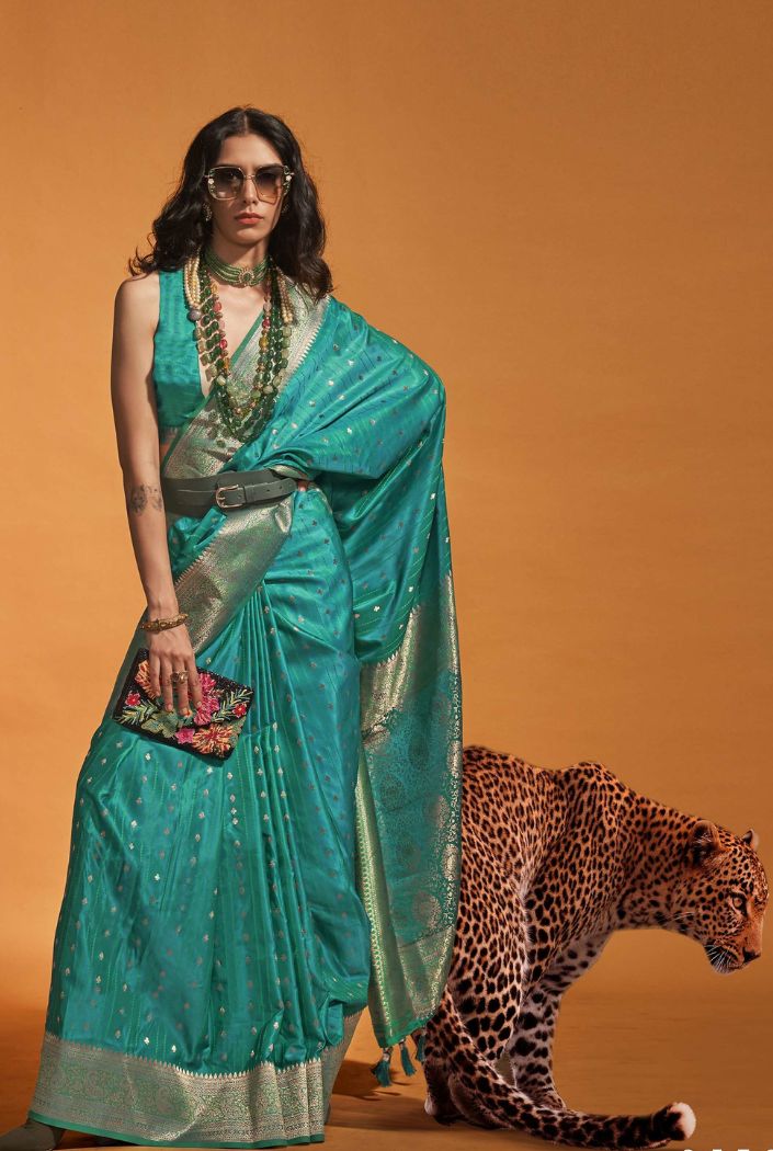 Lochinvar Green Handloom Satin Silk Saree