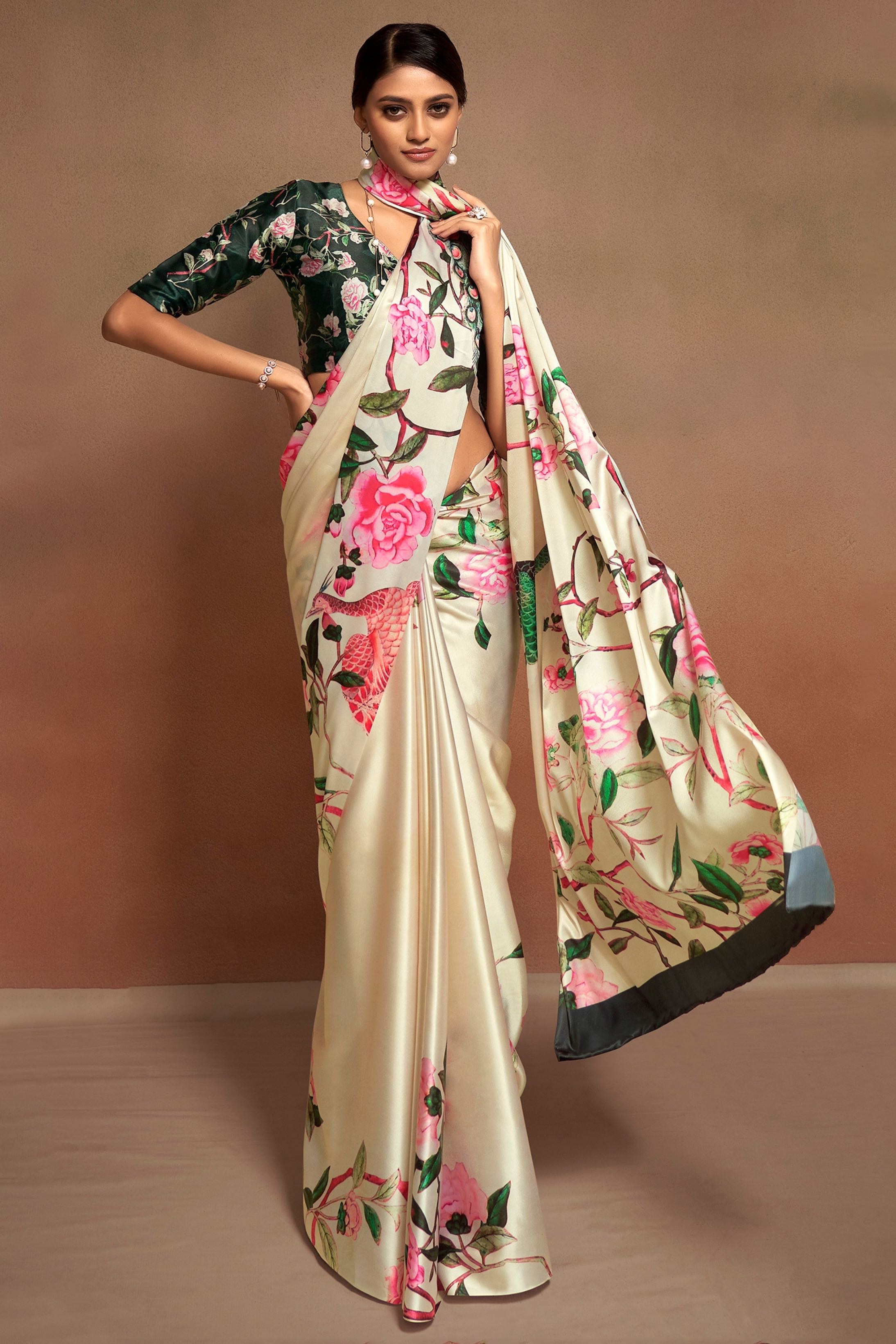 Negroni Cream Printed Satin Silk Saree