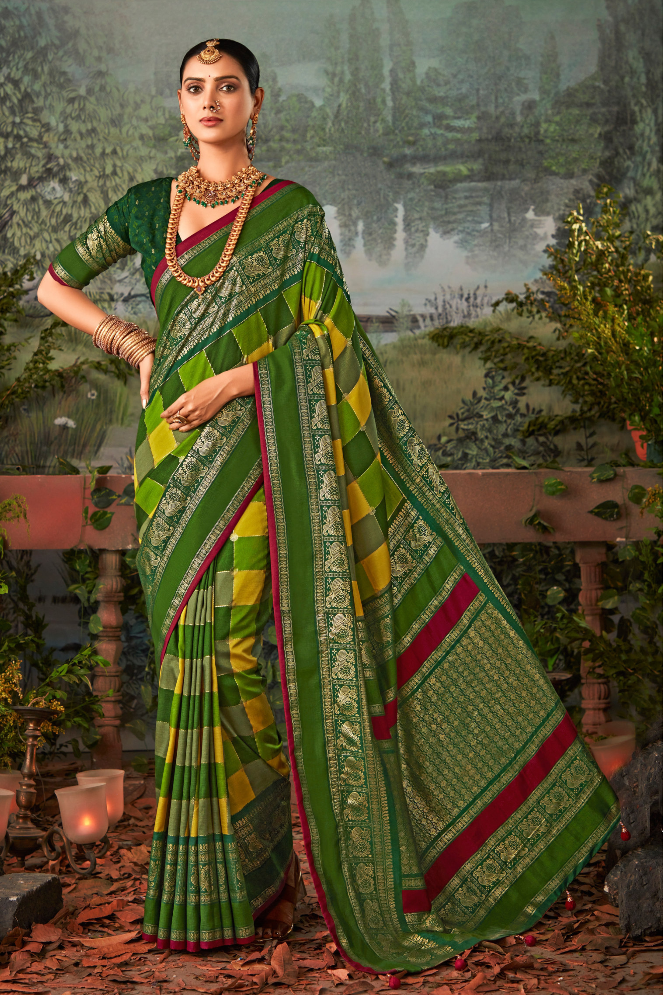 Mint Green and Yellow Printed Pochampally Ikkat Silk Saree