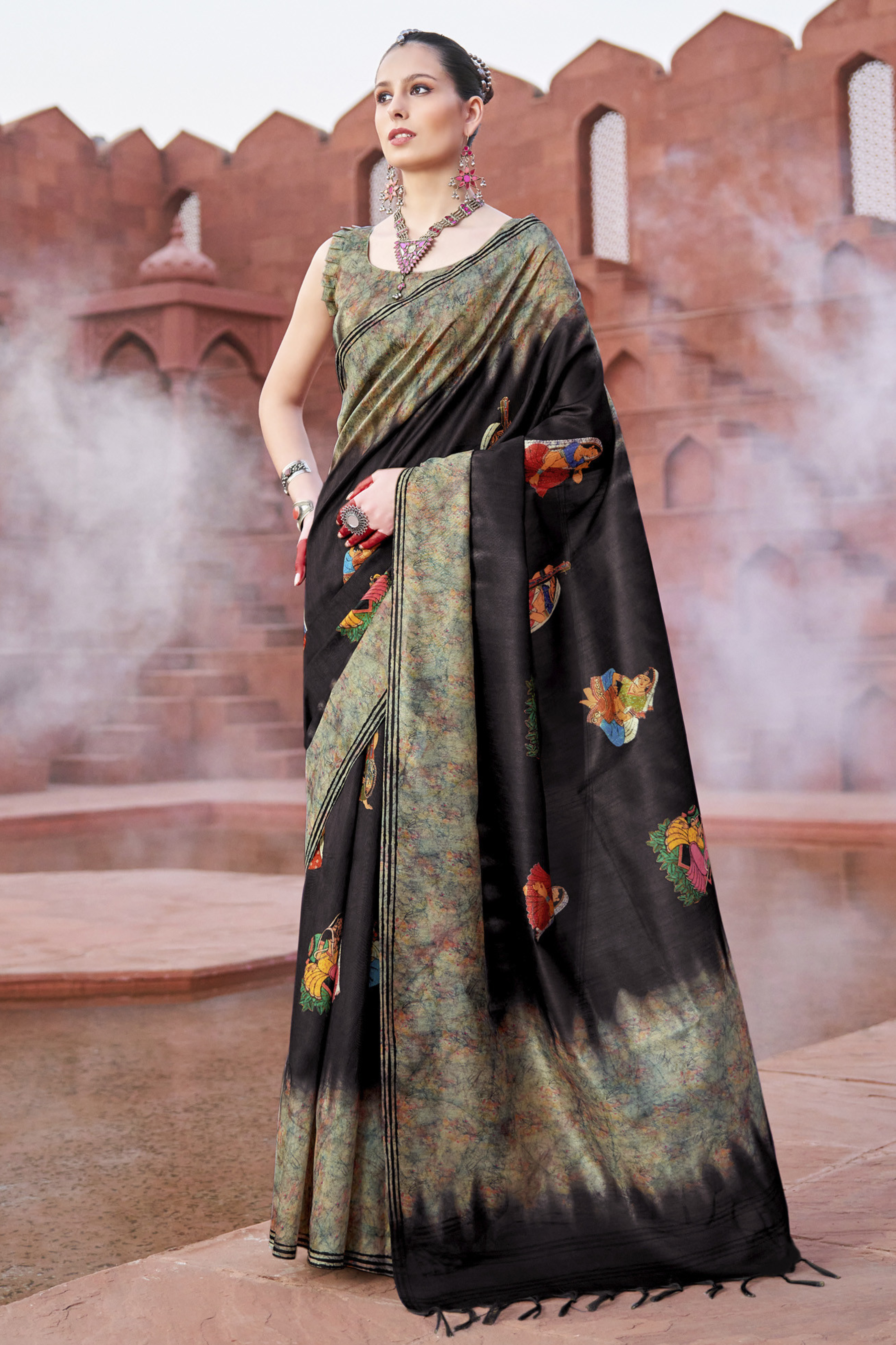 Cod Black Handloom Tussar Silk Saree