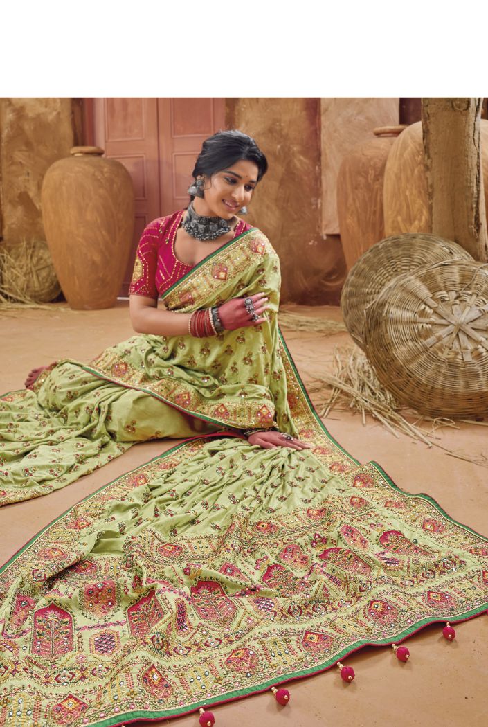 Gold Fusion Green Embroidered Designer Kacchi Work Saree