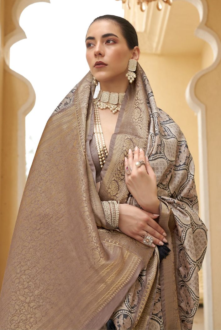 Indian Khaki Brown Digital Printed Tussar Silk Saree