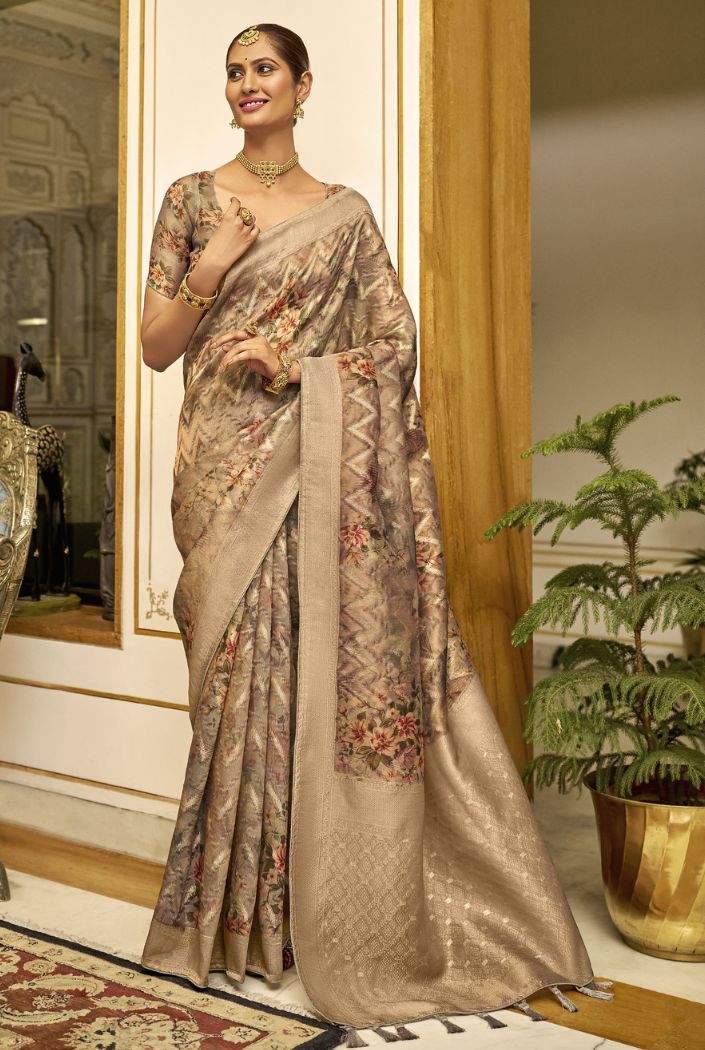 Tan Brown Organza Tissue Silk Saree