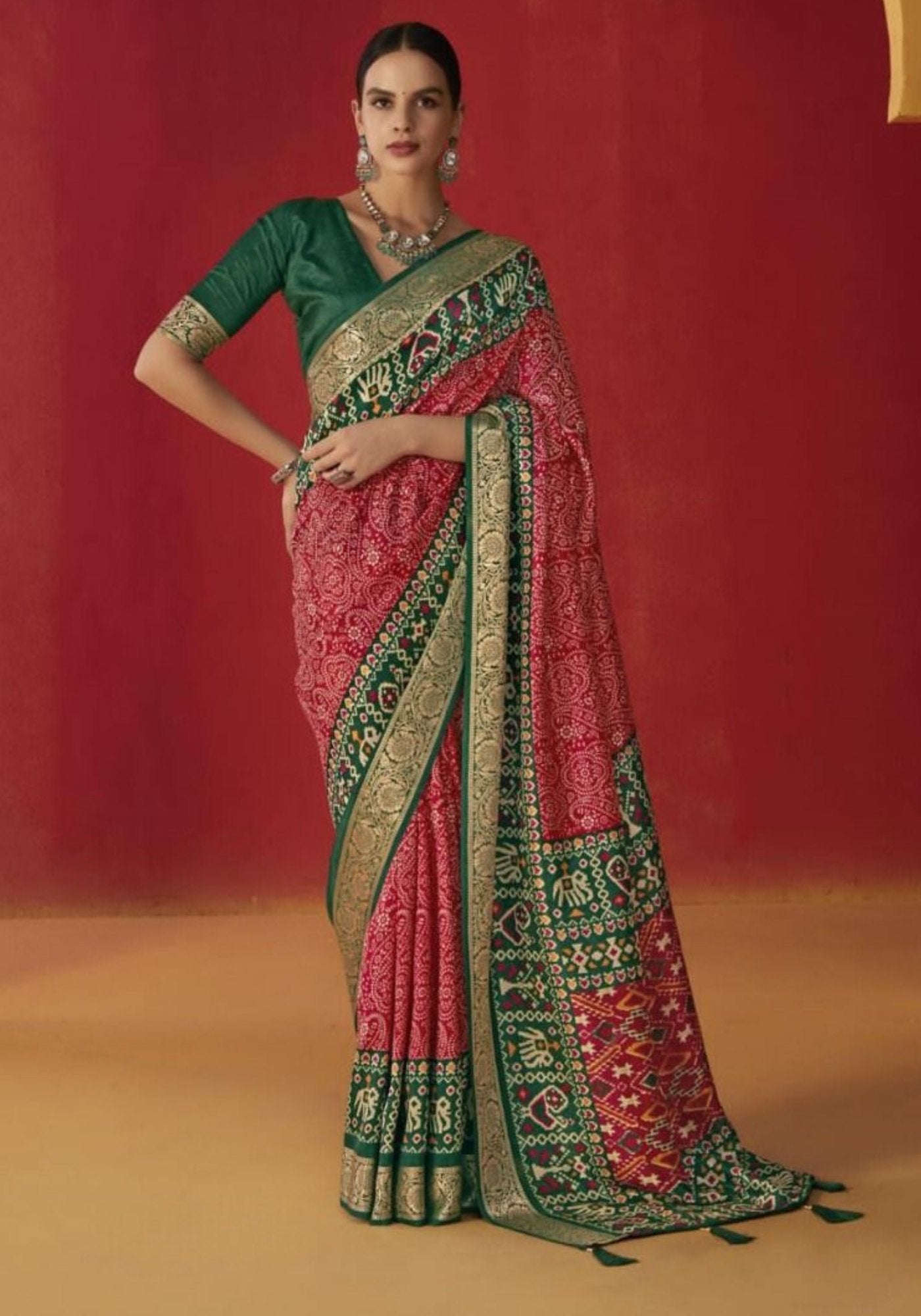 Chilli Red Printed Tussar Silk Saree