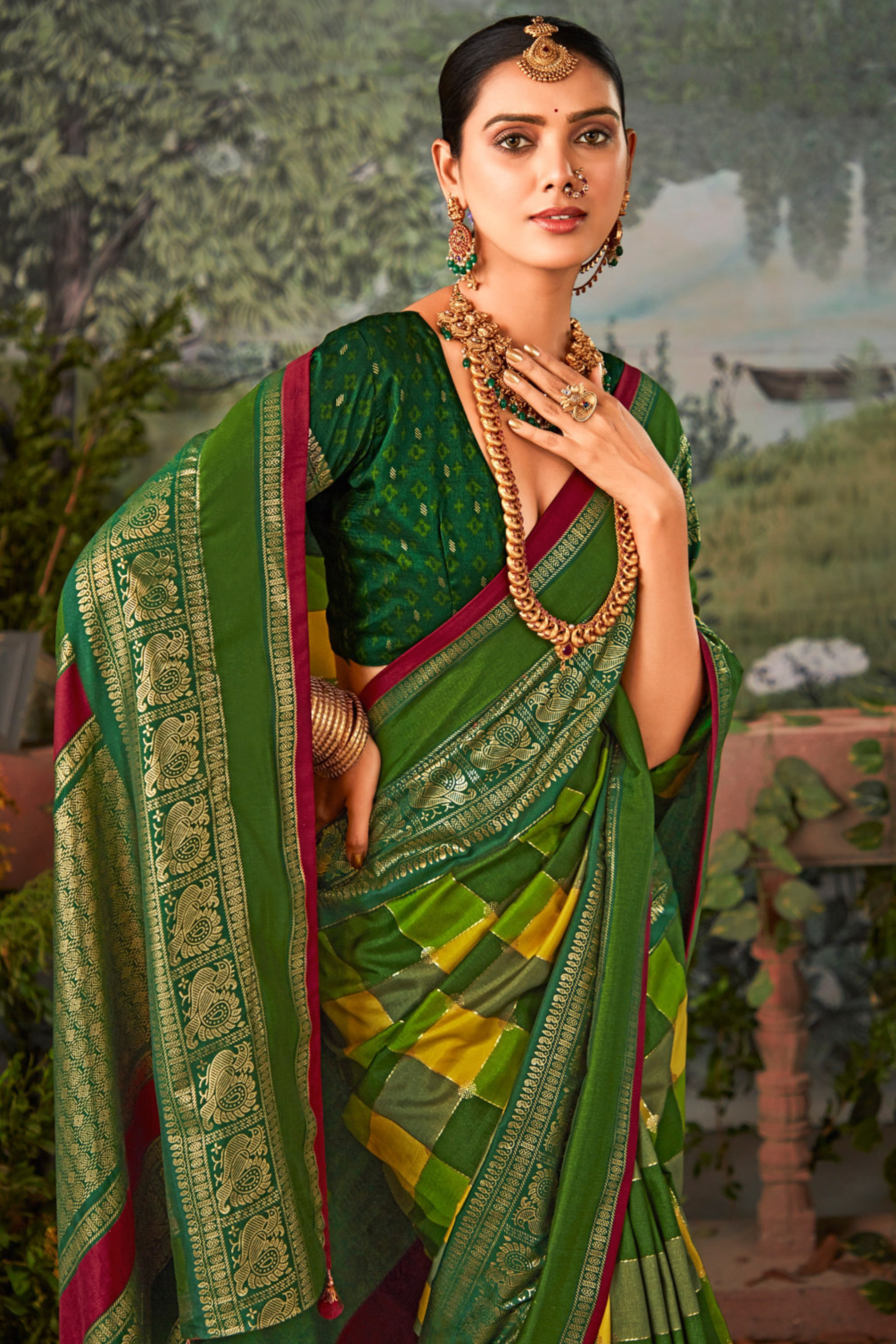 Mint Green and Yellow Printed Pochampally Ikkat Silk Saree