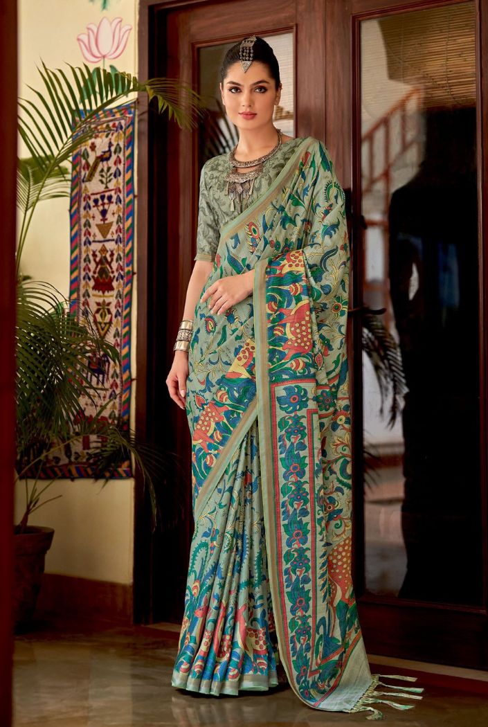 Swamp Green Chitrapatta Kalamkari Saree