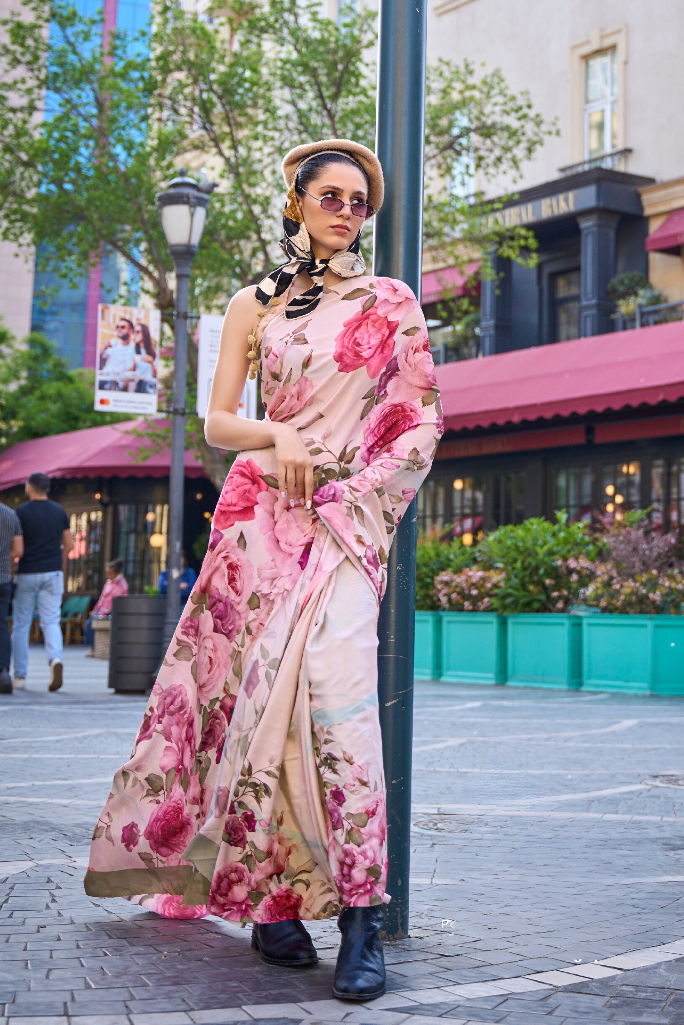 Roman Pink Printed Handloom Satin Saree