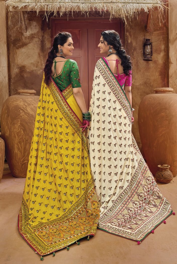 Anzac Yellow and Green Embroidered Designer Kacchi Work Saree