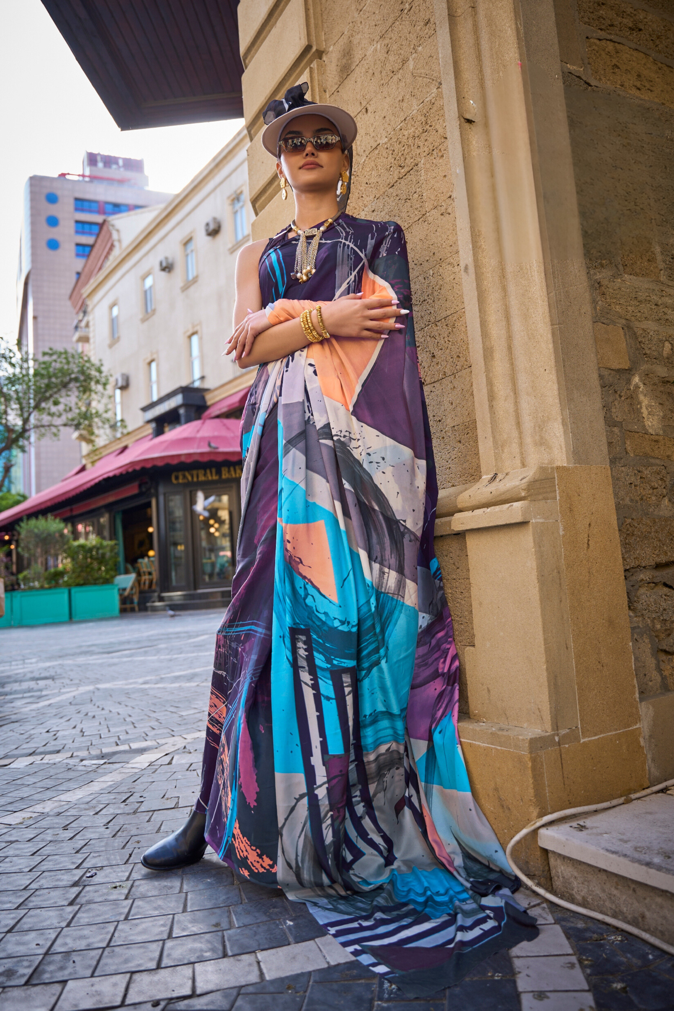 Multicolor Blue Printed Handloom Satin Saree