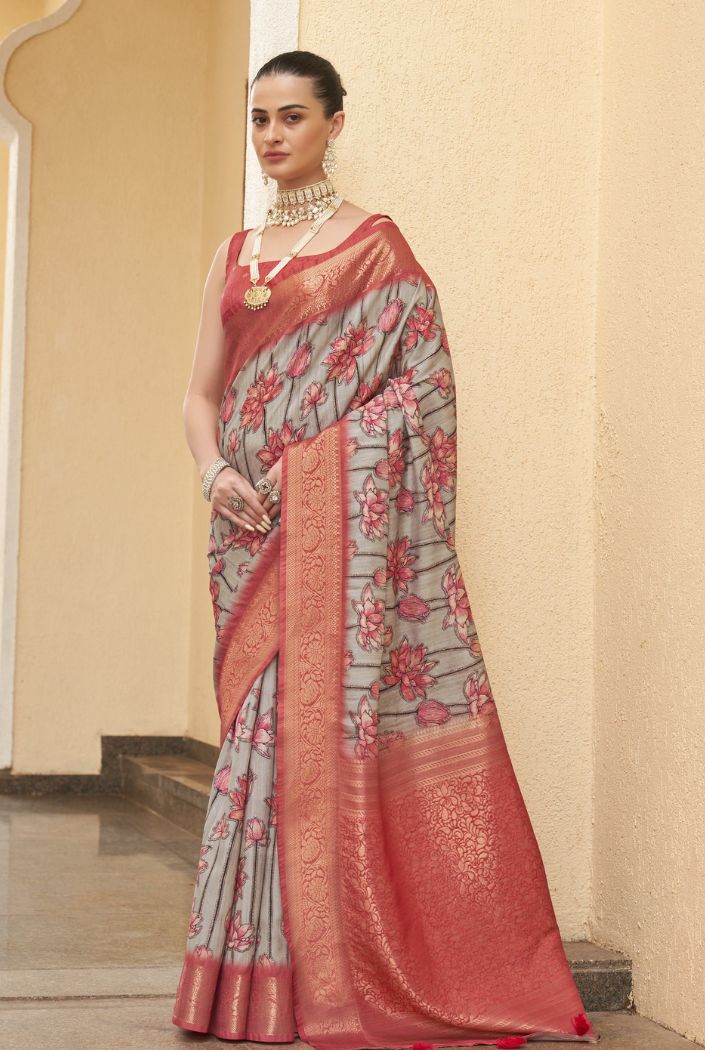 Gull Grey and Red Digital Printed Tussar Silk Saree