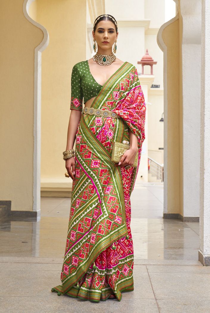 Scarlet Pink and Green Printed Patola Silk Saree