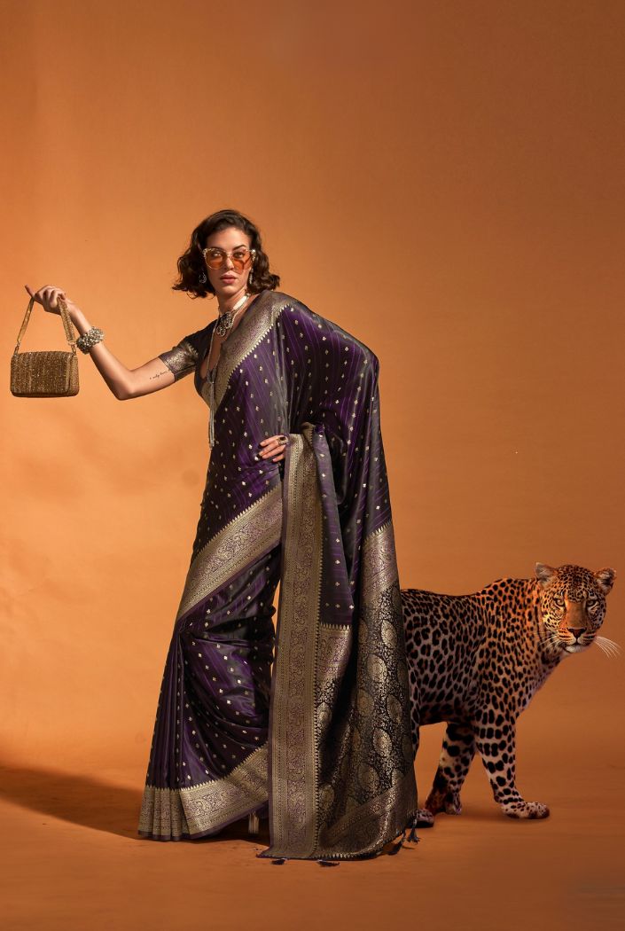 Congo Dark Purple Handloom Satin Silk Saree