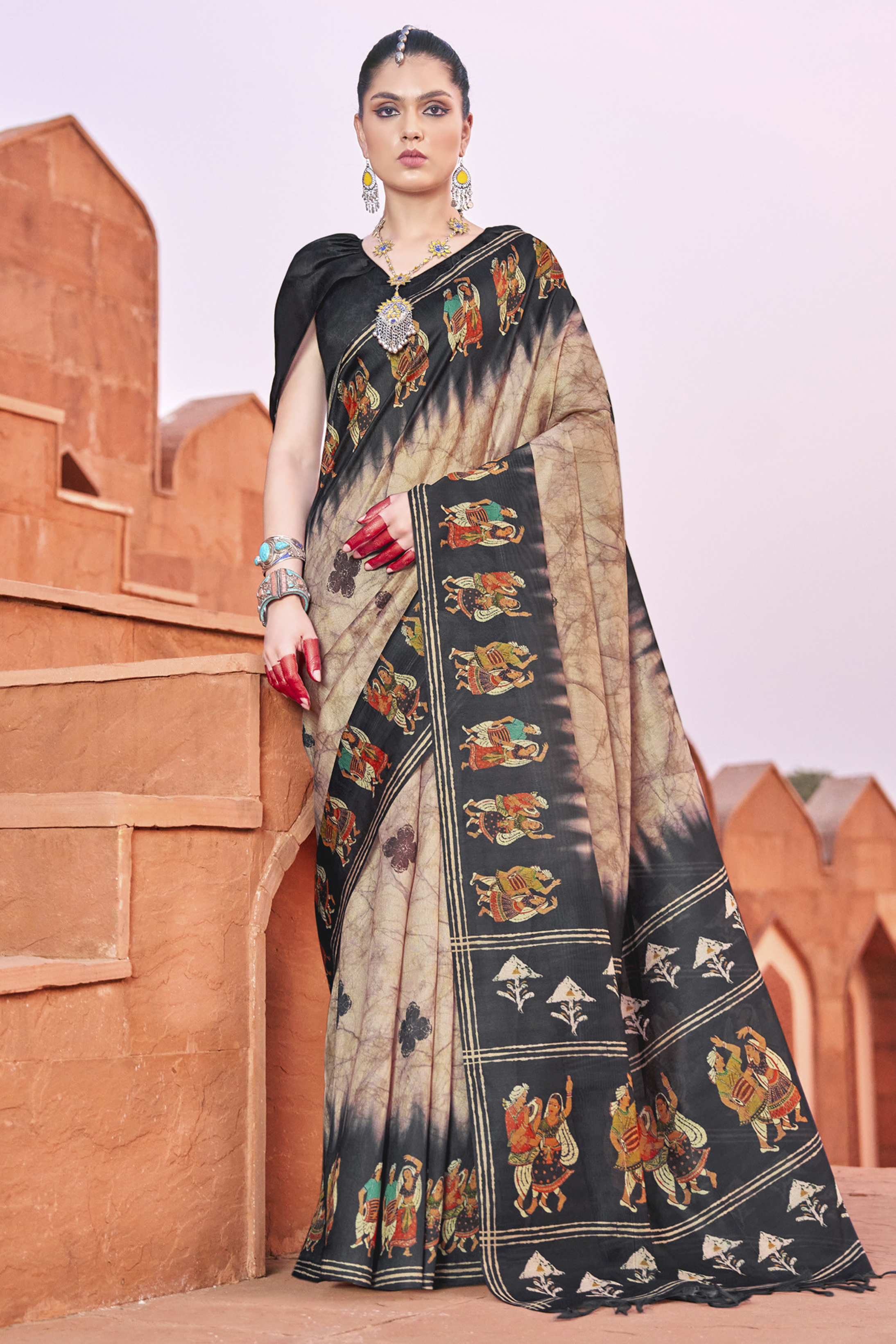 Mongoose Cream & Black Handloom Tussar Silk Saree