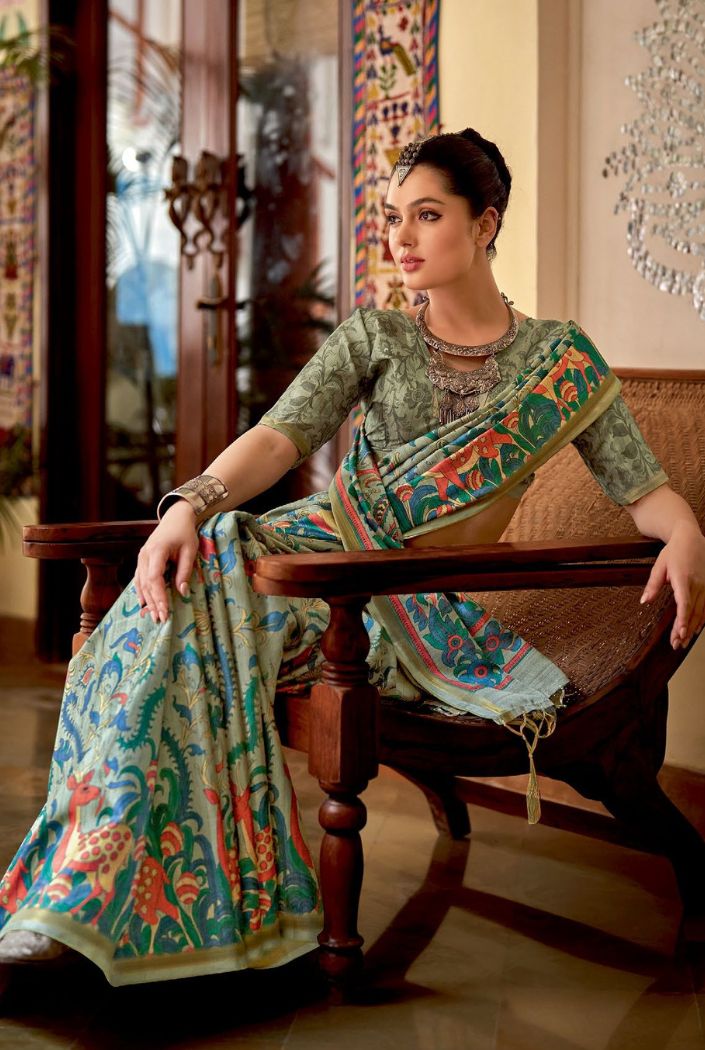 Swamp Green Chitrapatta Kalamkari Saree