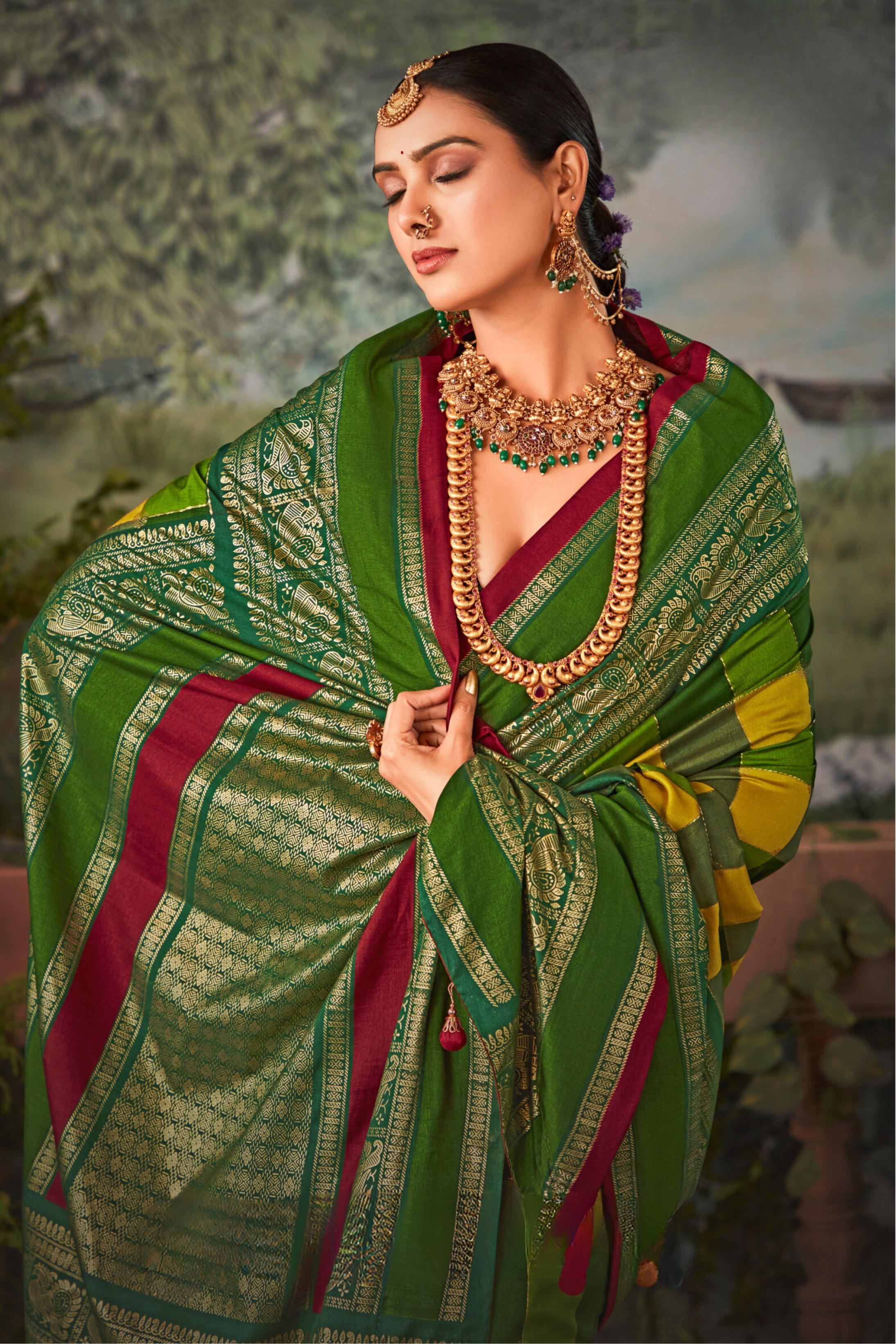 Mint Green and Yellow Printed Pochampally Ikkat Silk Saree