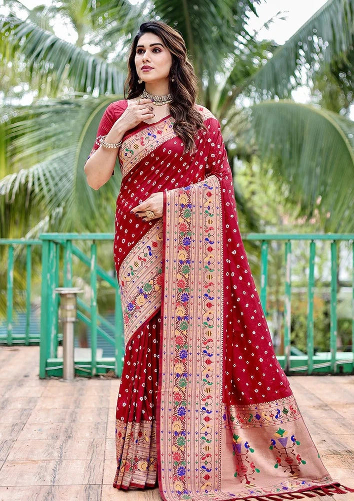 Paithani Silk Bandhani Saree With Zari Weaving Work