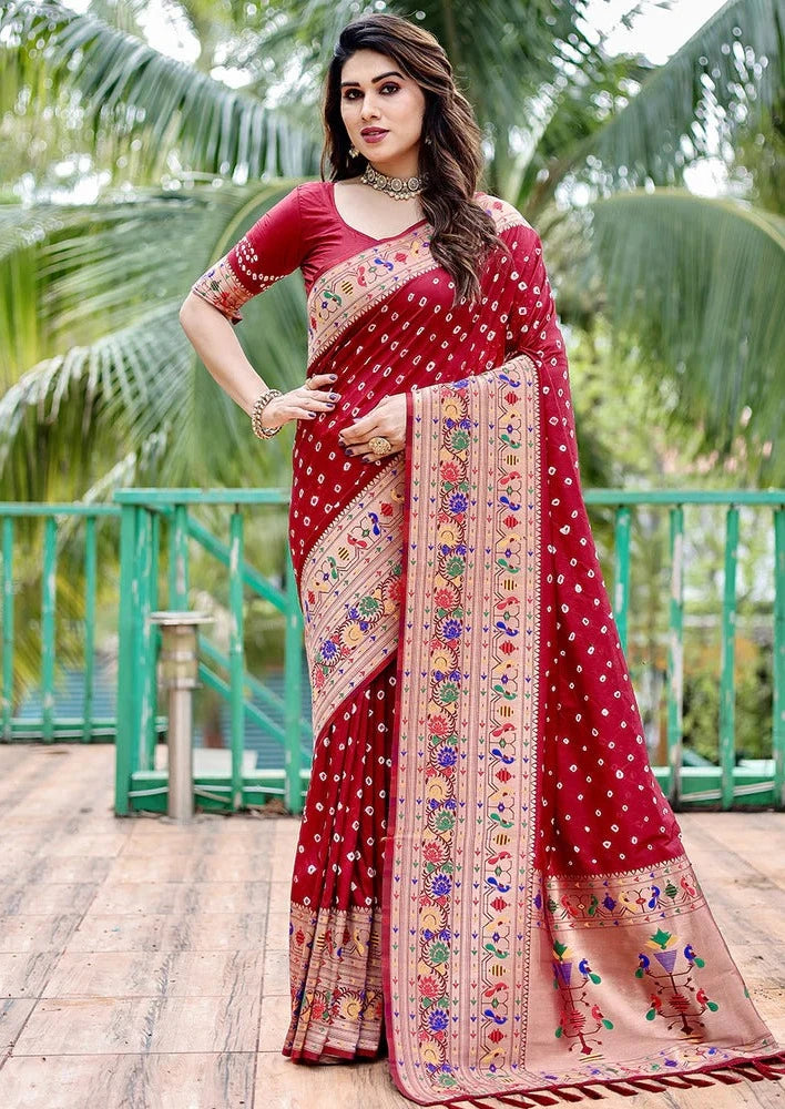 Paithani Silk Bandhani Saree With Zari Weaving Work