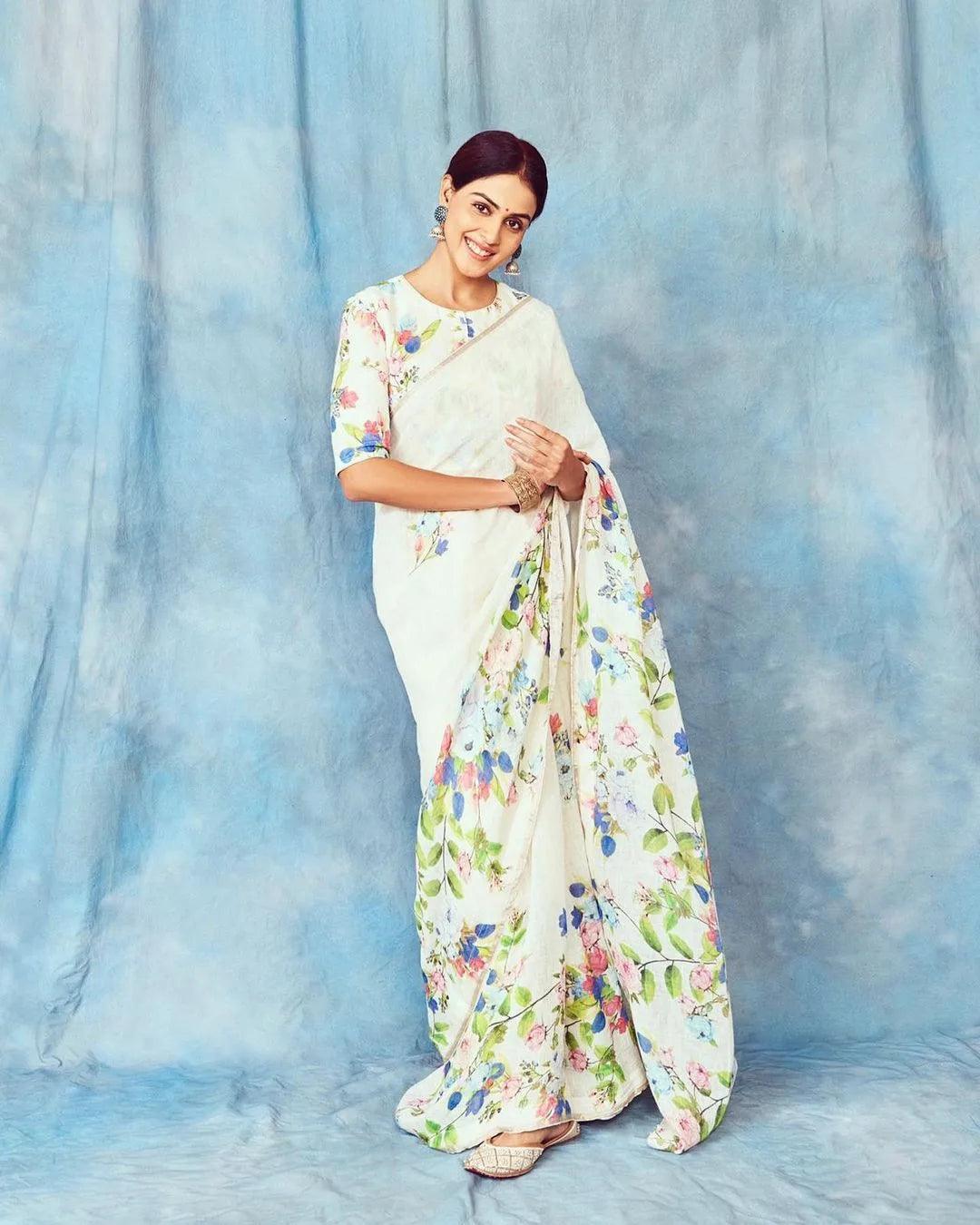 Classy White Foral Linen Saree - Mira Fashion