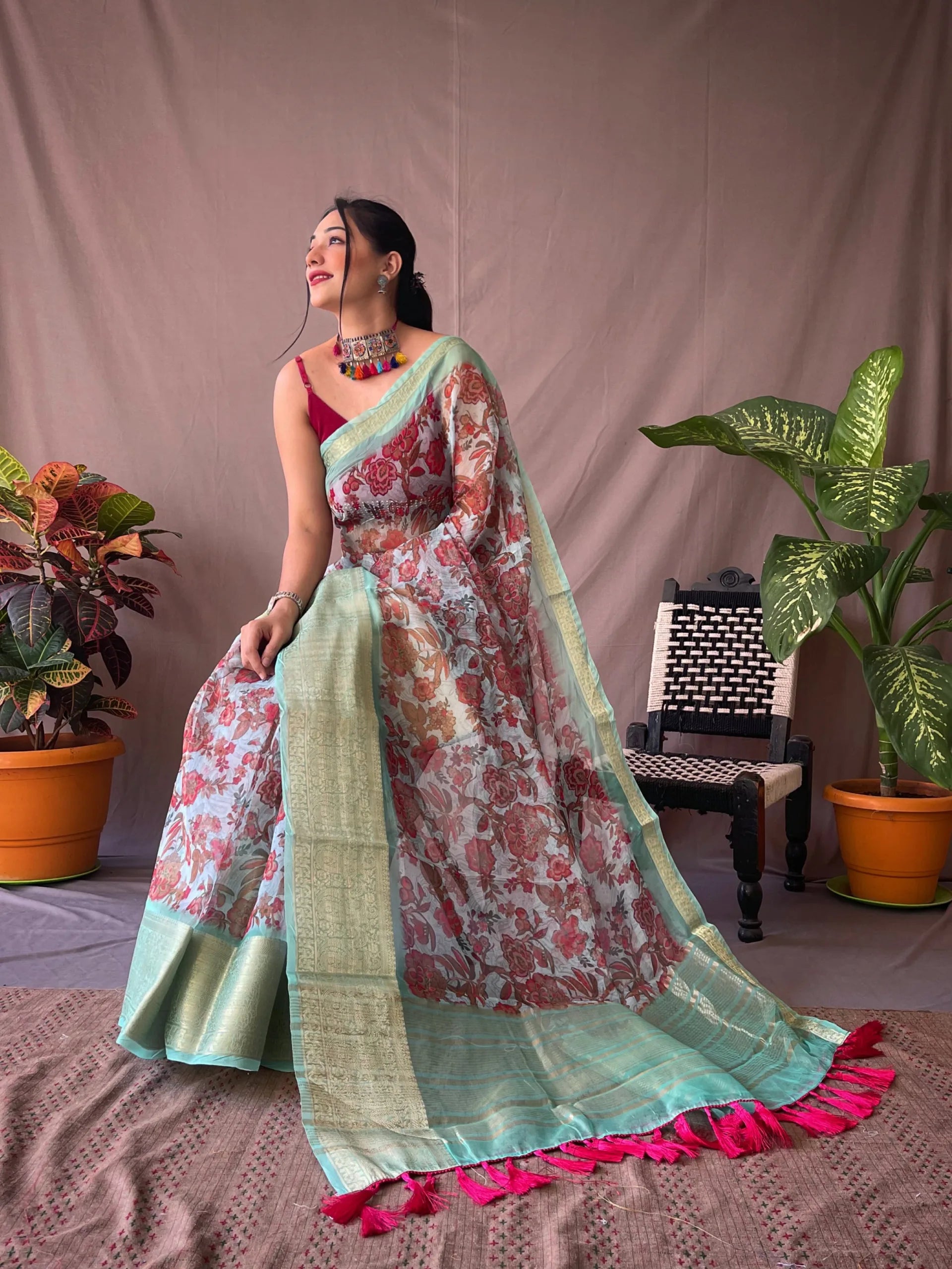 Pure Organza Saree With Kalamkari Prints - Mira Fashion