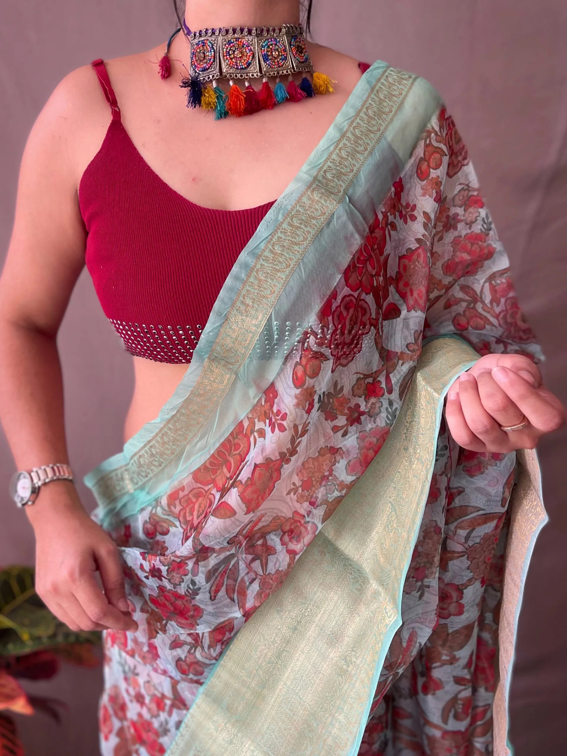 Pure Organza Saree With Kalamkari Prints - Mira Fashion