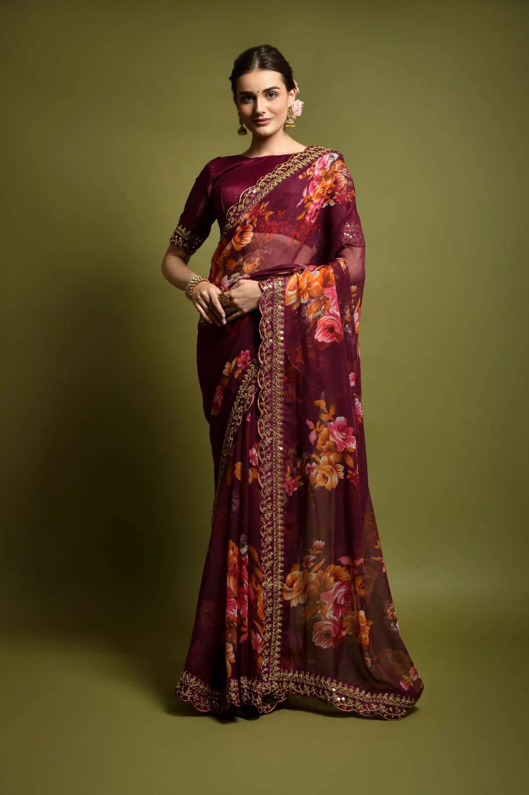 Wine Color Heavy Soft Chiffon With Beautiful Floral Print Saree - Mira Fashion