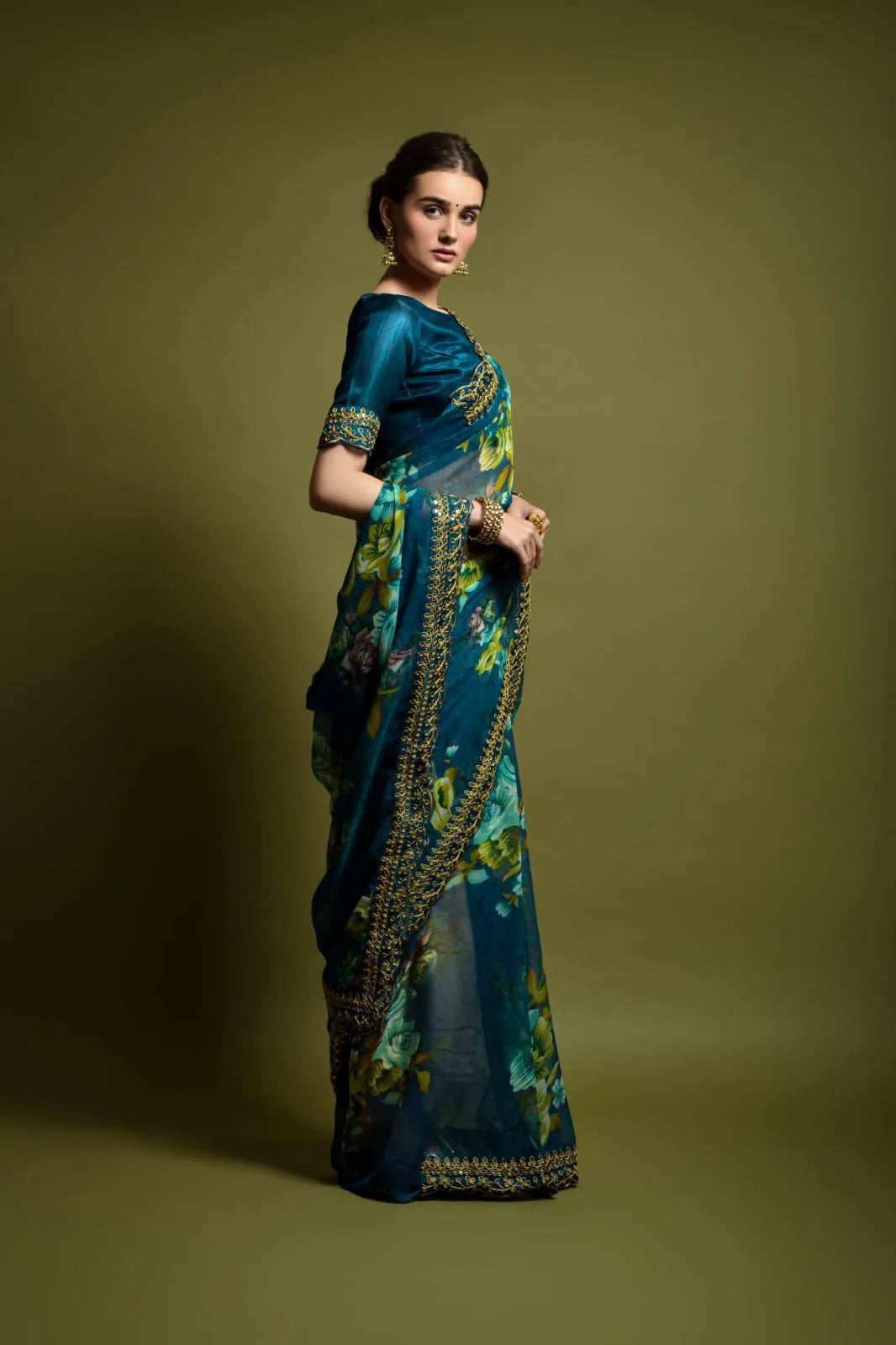 Teal Blue Heavy Soft Chiffon With Beautiful Floral Print Saree - Mira Fashion