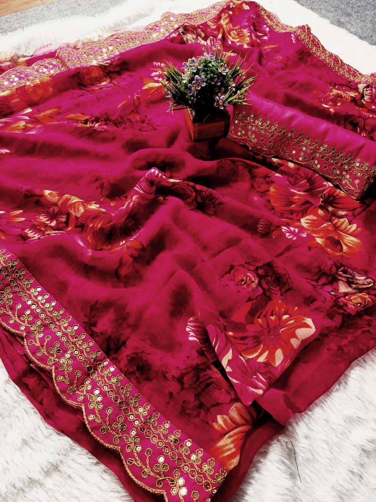 Red Color Heavy Soft Chiffon With Beautiful Floral Print Saree - Mira Fashion