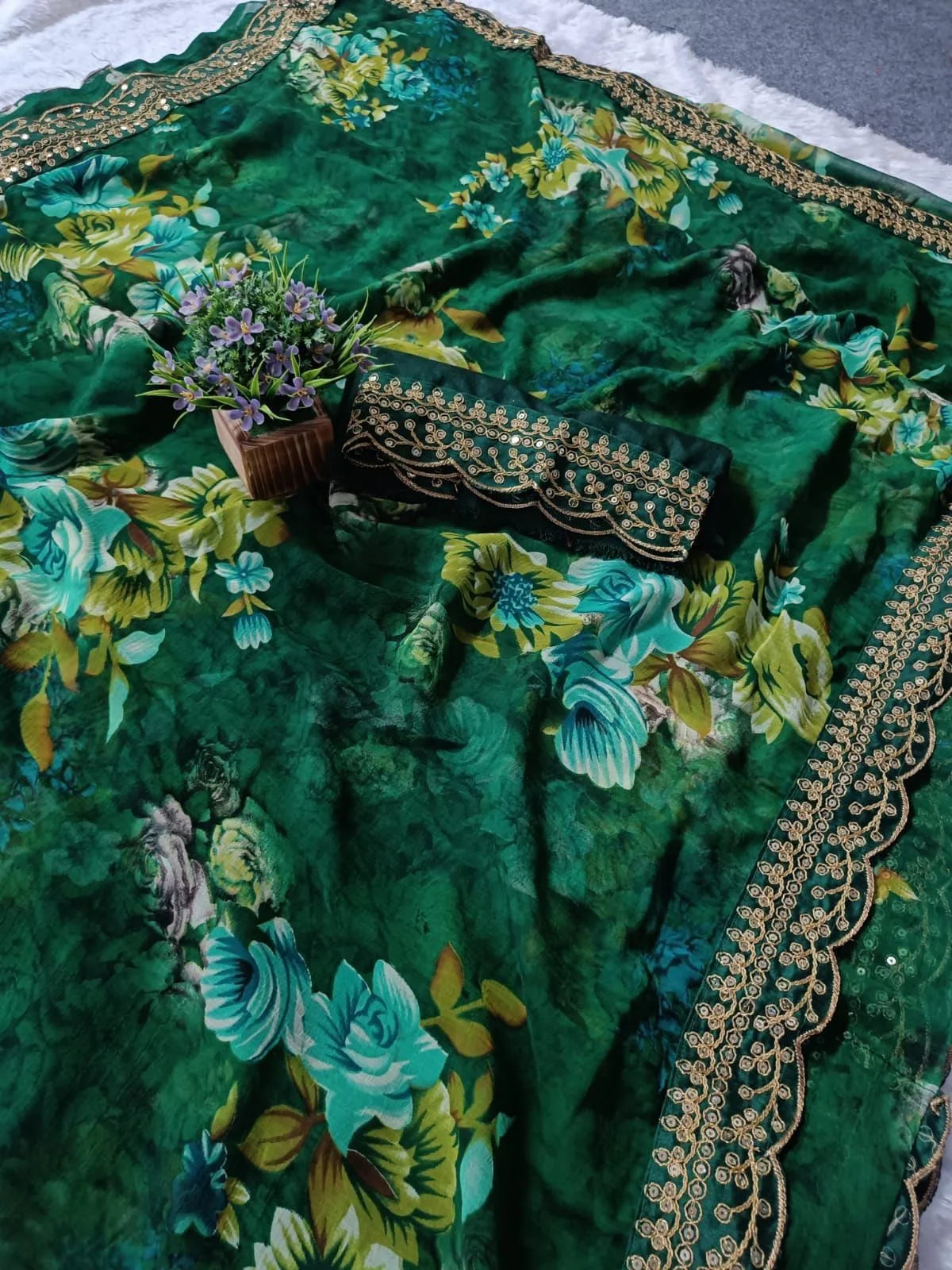 Green Color Heavy Soft Chiffon With Beautiful Floral Print Saree - Mira Fashion