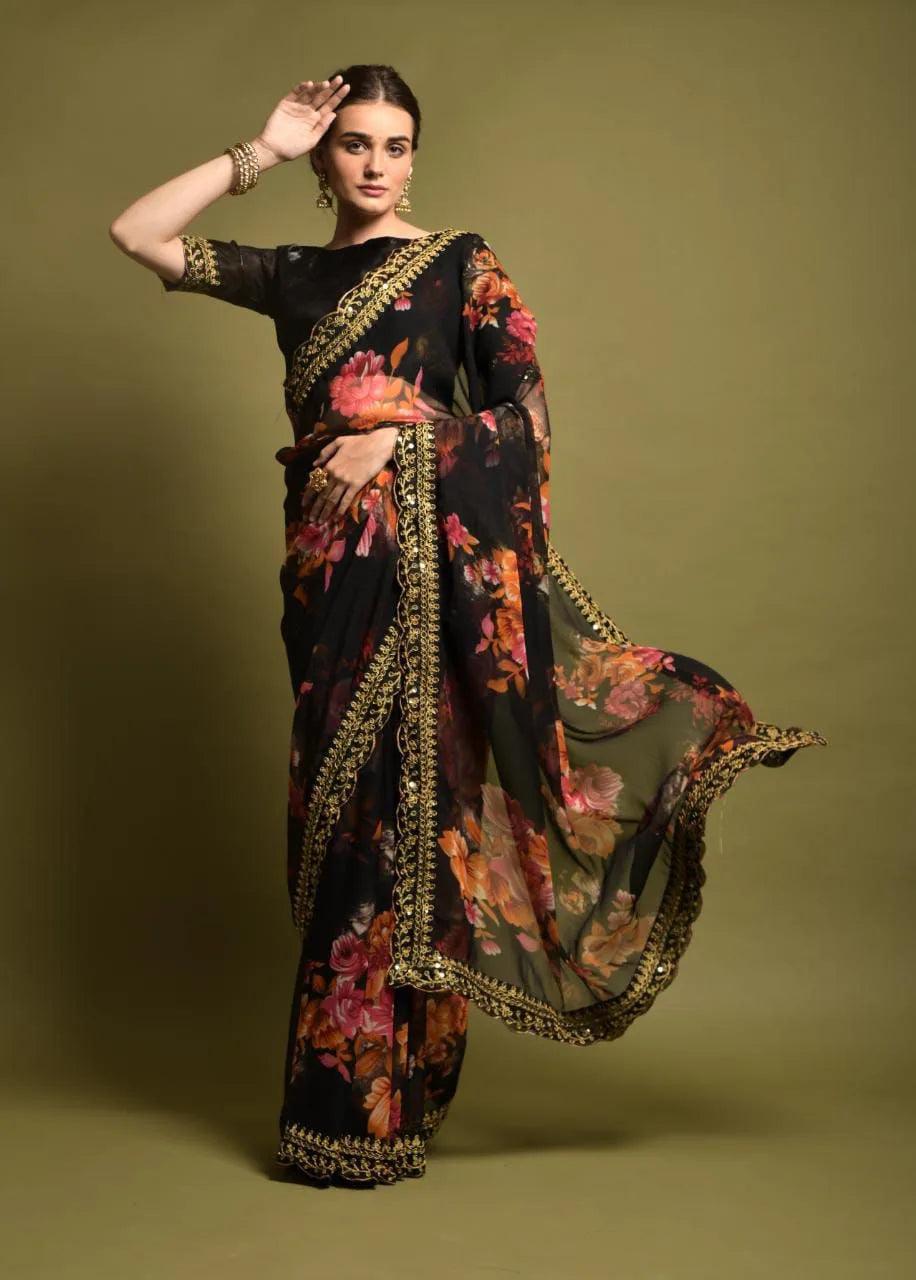 Back Color Heavy Soft Chiffon With Beautiful Floral Print Saree - Mira Fashion