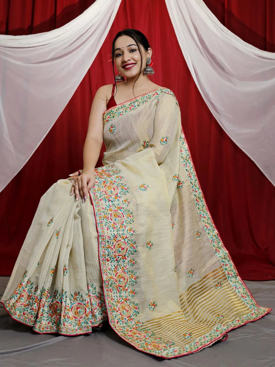 Embroidery Tussar Silk Saree With Kashmiri Work - Mira Fashion