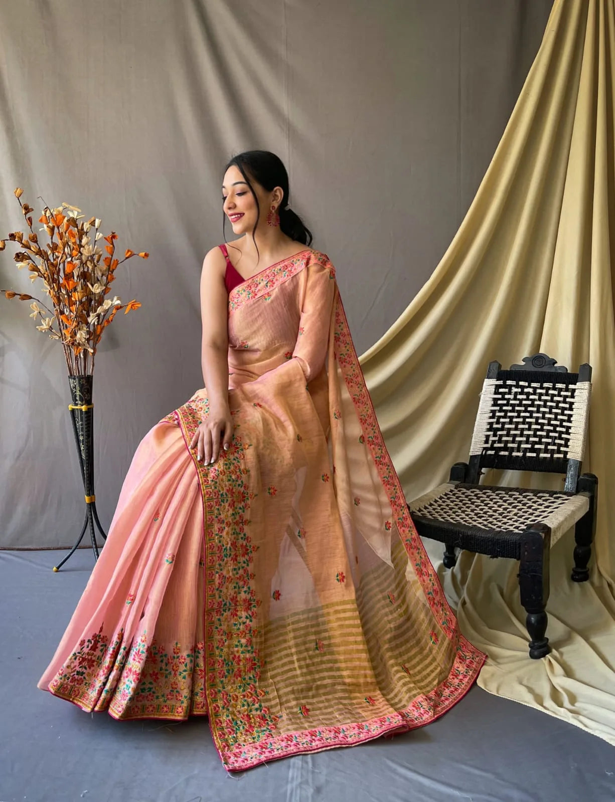 Embroidery Tussar Silk Saree With Kashmiri Work - Mira Fashion