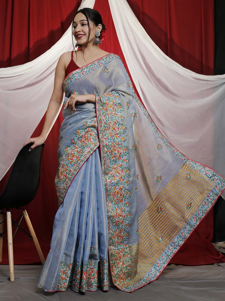 Embroidery Tussar Silk Saree With Kashmiri Work - Mira Fashion