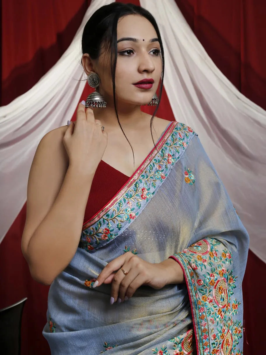 Embroidery Tussar Silk Saree With Kashmiri Work - Mira Fashion