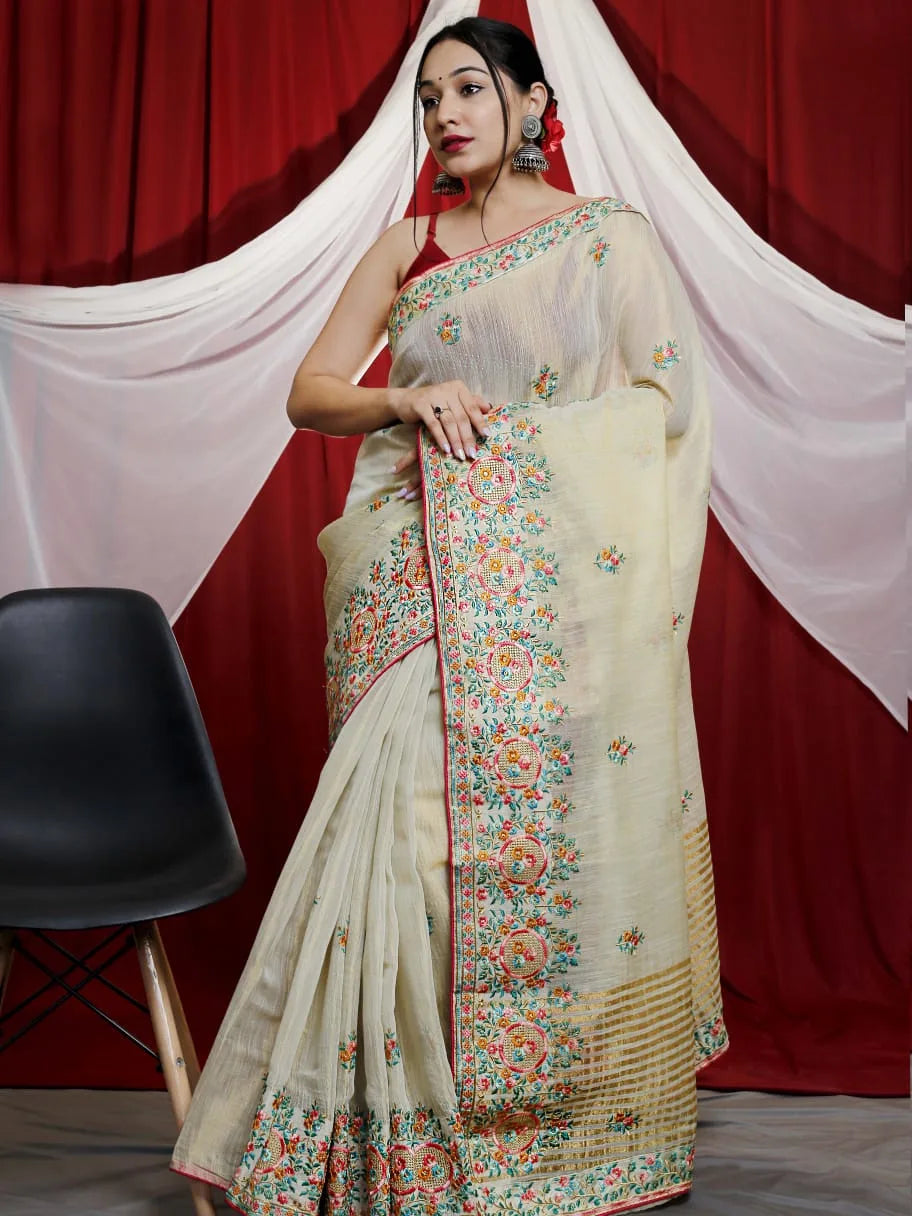 Embroidery Tussar Silk Saree With Kashmiri Work - Mira Fashion