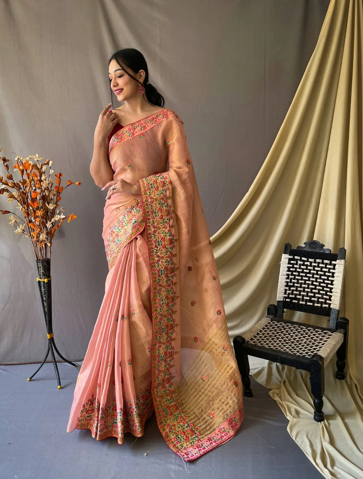 Embroidery Tussar Silk Saree With Kashmiri Work - Mira Fashion