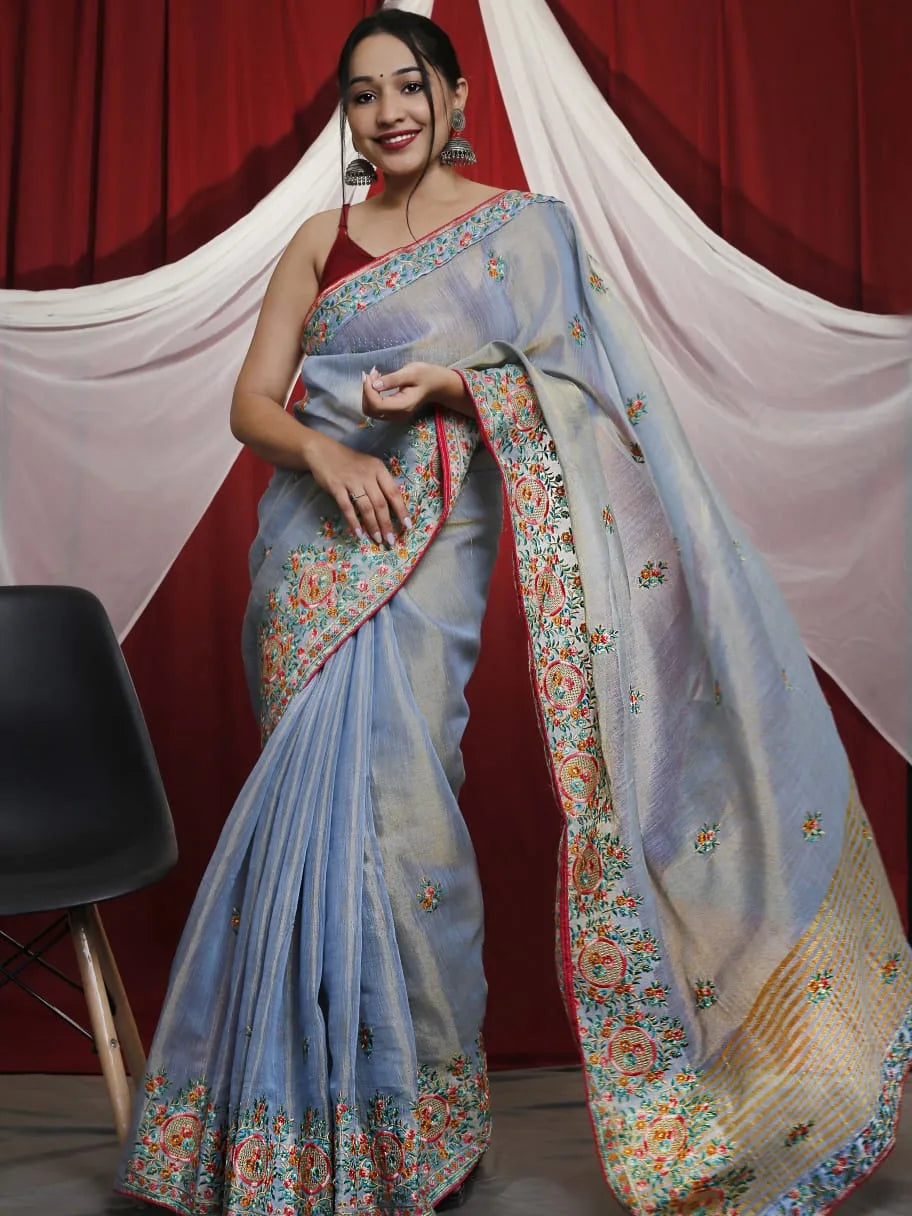 Embroidery Tussar Silk Saree With Kashmiri Work - Mira Fashion