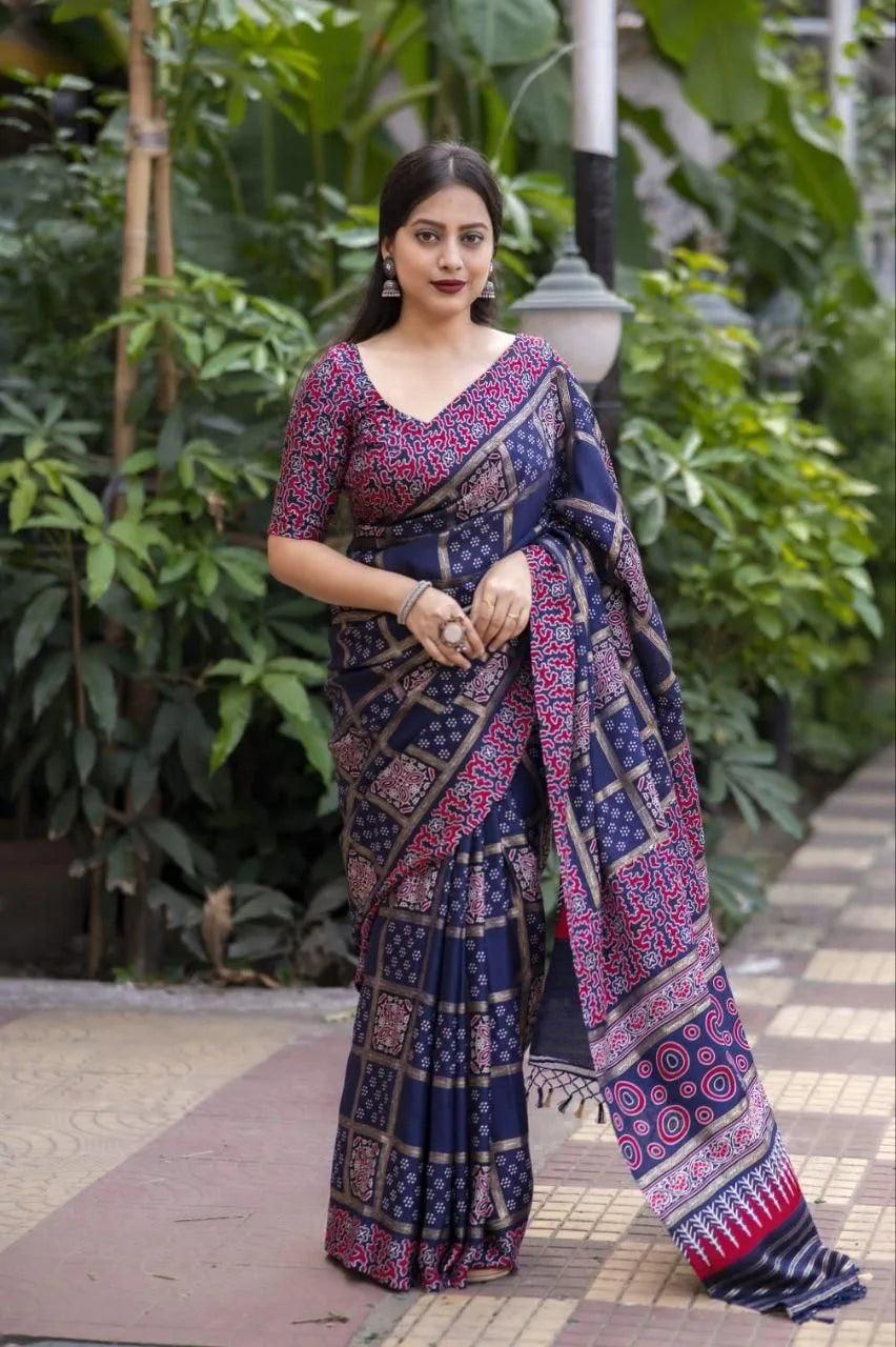 Ajrakh Style Soft Silk Saree With Foil Print - Mira Fashion