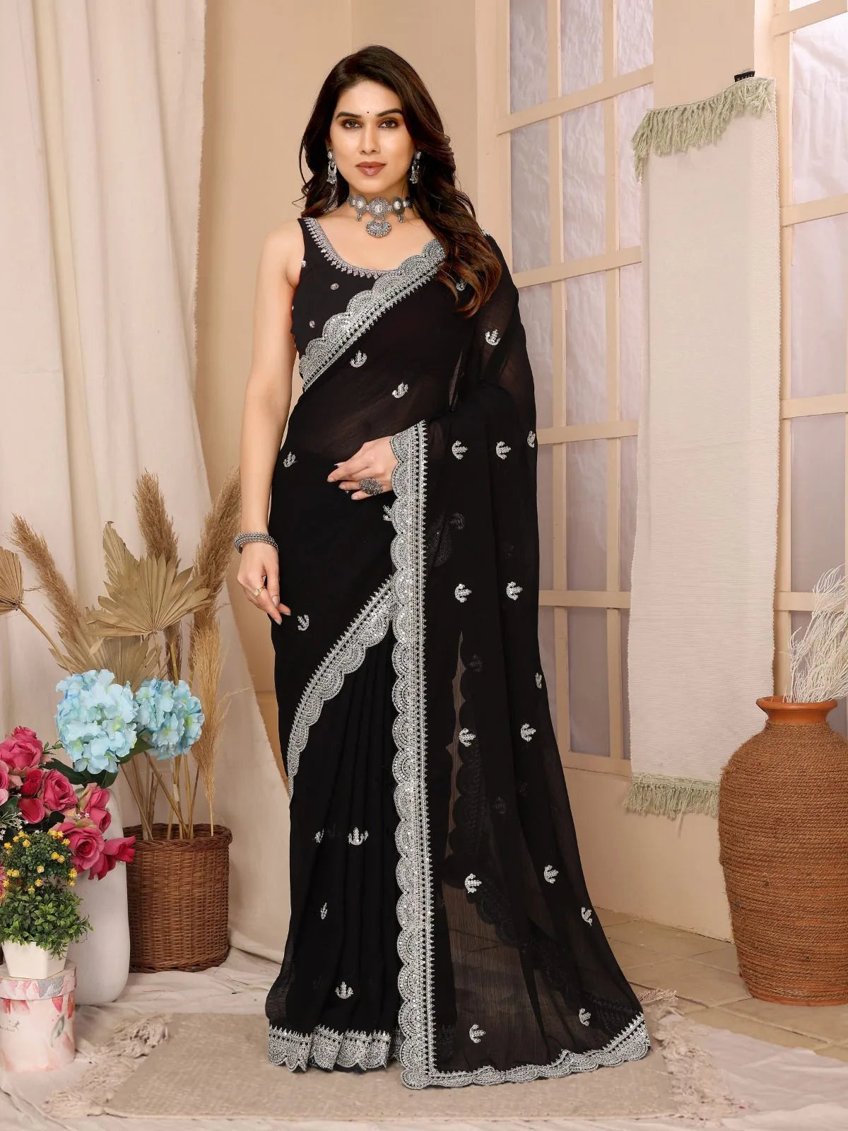 Soft Chiffon Saree With Sequence Embroidery Work - Mira Fashion