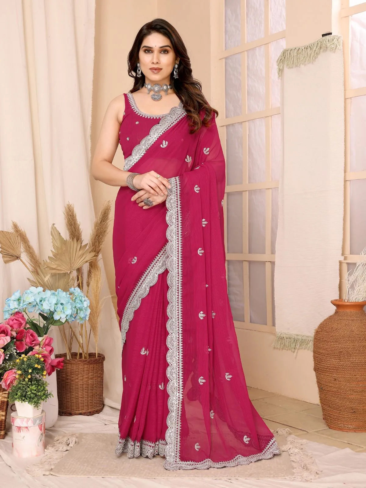 Soft Chiffon Saree With Sequence Embroidery Work - Mira Fashion