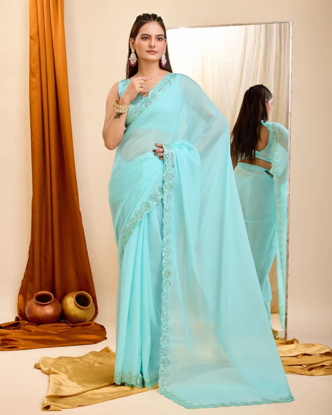 Taby Organza Silk Saree With Sequins Embroidery Work - Mira Fashion