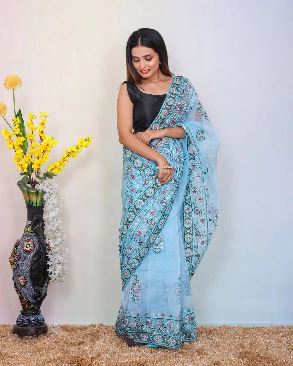 Superb Soft Refined Organza Silk Saree With Embroidery Thread Work Border - Mira Fashion