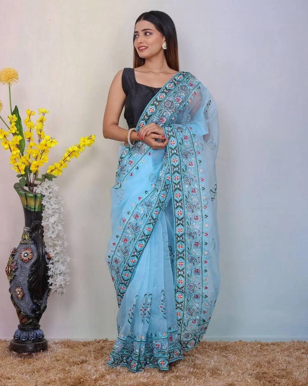 Superb Soft Refined Organza Silk Saree With Embroidery Thread Work Border - Mira Fashion