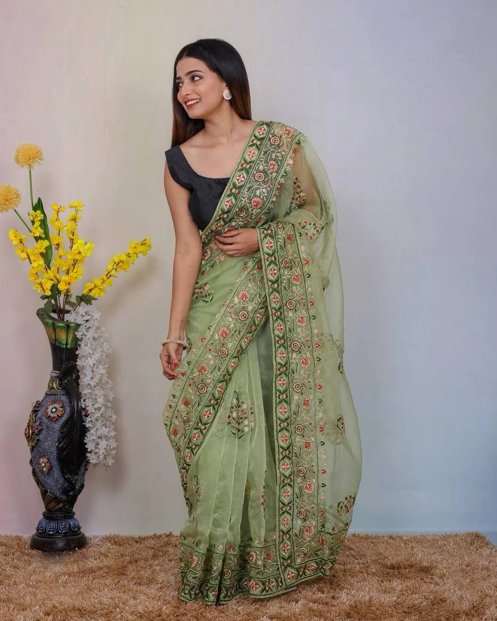 Superb Soft Refined Organza Silk Saree With Embroidery Thread Work Border - Mira Fashion